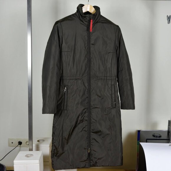 DARK KHAKI PRADA NYLON LONG COAT - Picture 1 of 11